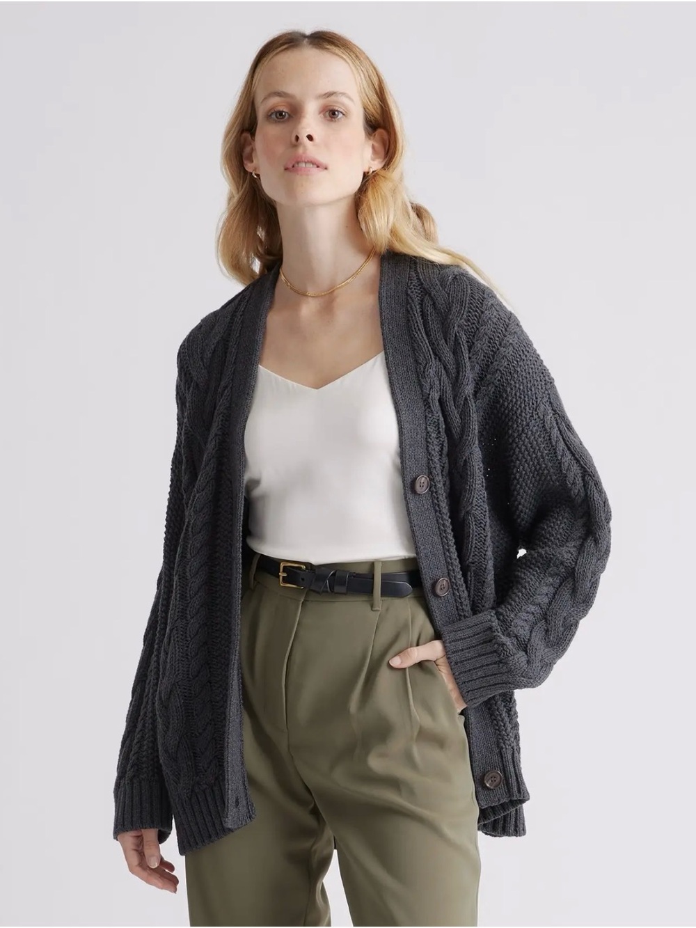 Quince Chunky Cotton Cable Knit Fisherman’s Cardigan- Small